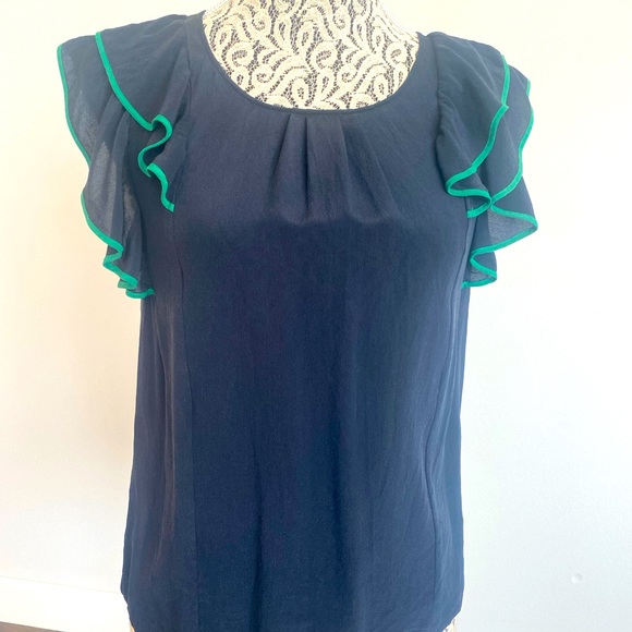 Navy blue blouse with ruffles short sleeves and scoop neck - Picture 1 of 3